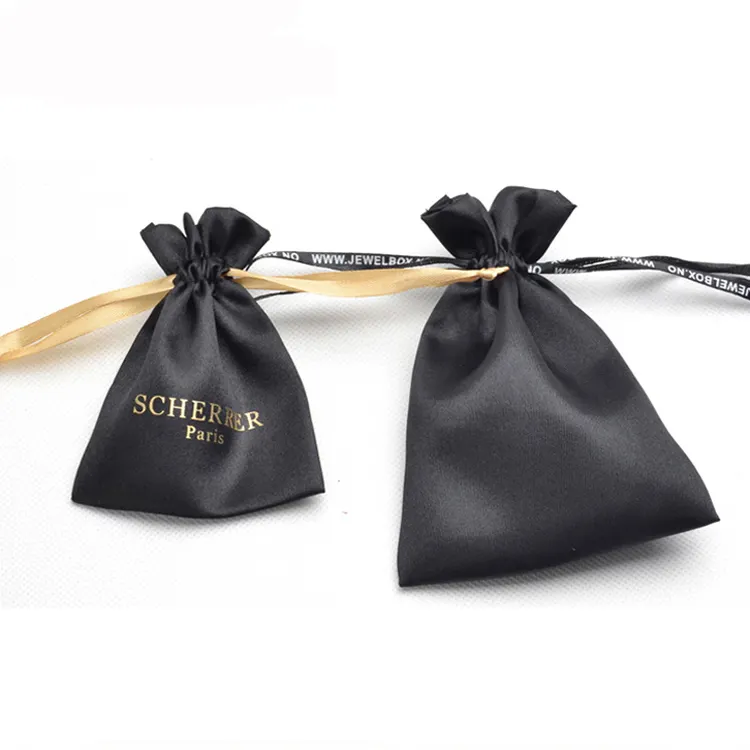 Benutzer definierte schwarze Satin Schmuck Kordel zug Geschenk beutel, Satin Tasche mit Logo-Druck