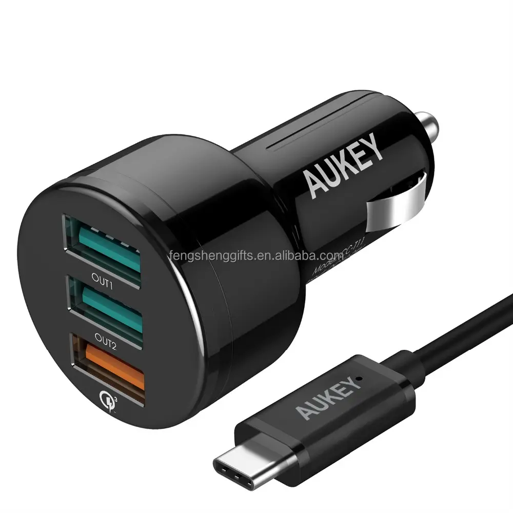 AUKEY Quick Charge 3.0 3 port Car recharger with a USB-A to USB-C cable Black