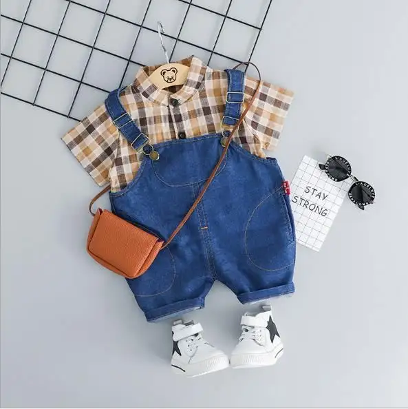 Traje infantil de algodão, moderno, estilo, para o verão, meninos, meninas, xadrez, calça jeans, traje infantil