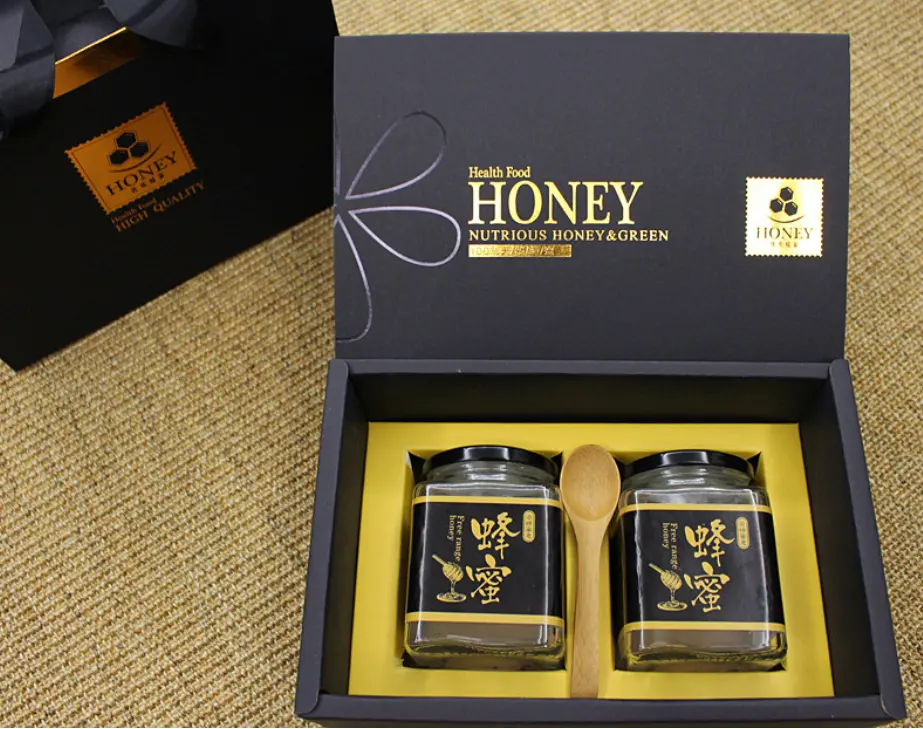 Sceau noir mat de luxe personnalisé, boîte en papier avec 2 pièces bocaux à miel en verre, pour emballer le miel/confiture, coffret cadeau