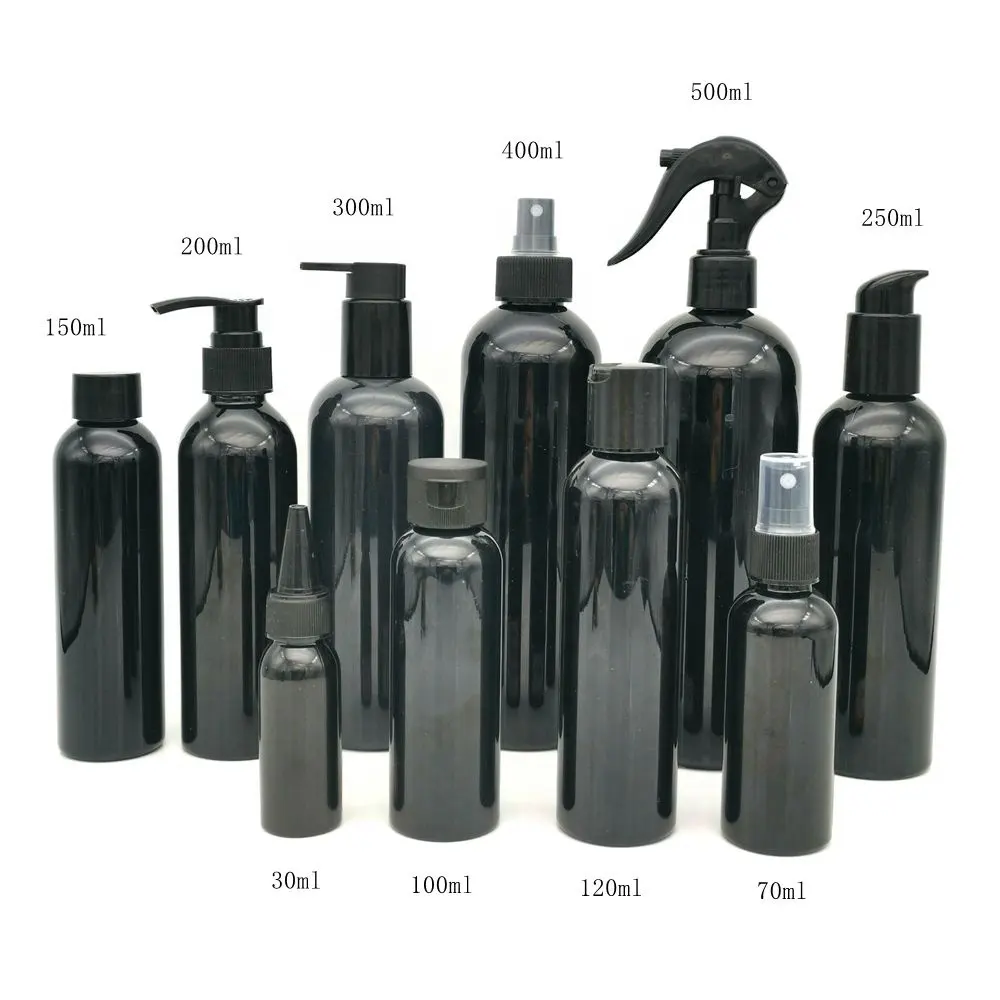 黒プラスチックペットボトル30ミリリットル70ミリリットル100ミリリットル150ミリリットル200ミリリットル250ミリリットル300ミリリットル500ミリリットル化粧品包装スプレーシャンプーローションポンプボトル