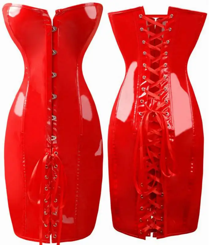 Abito da corsetto Sexy in ecopelle PVC Wetlook da donna gotico lungo nero rosso forma corpo bustier Slim corsetti Overbust Catsuits in lattice