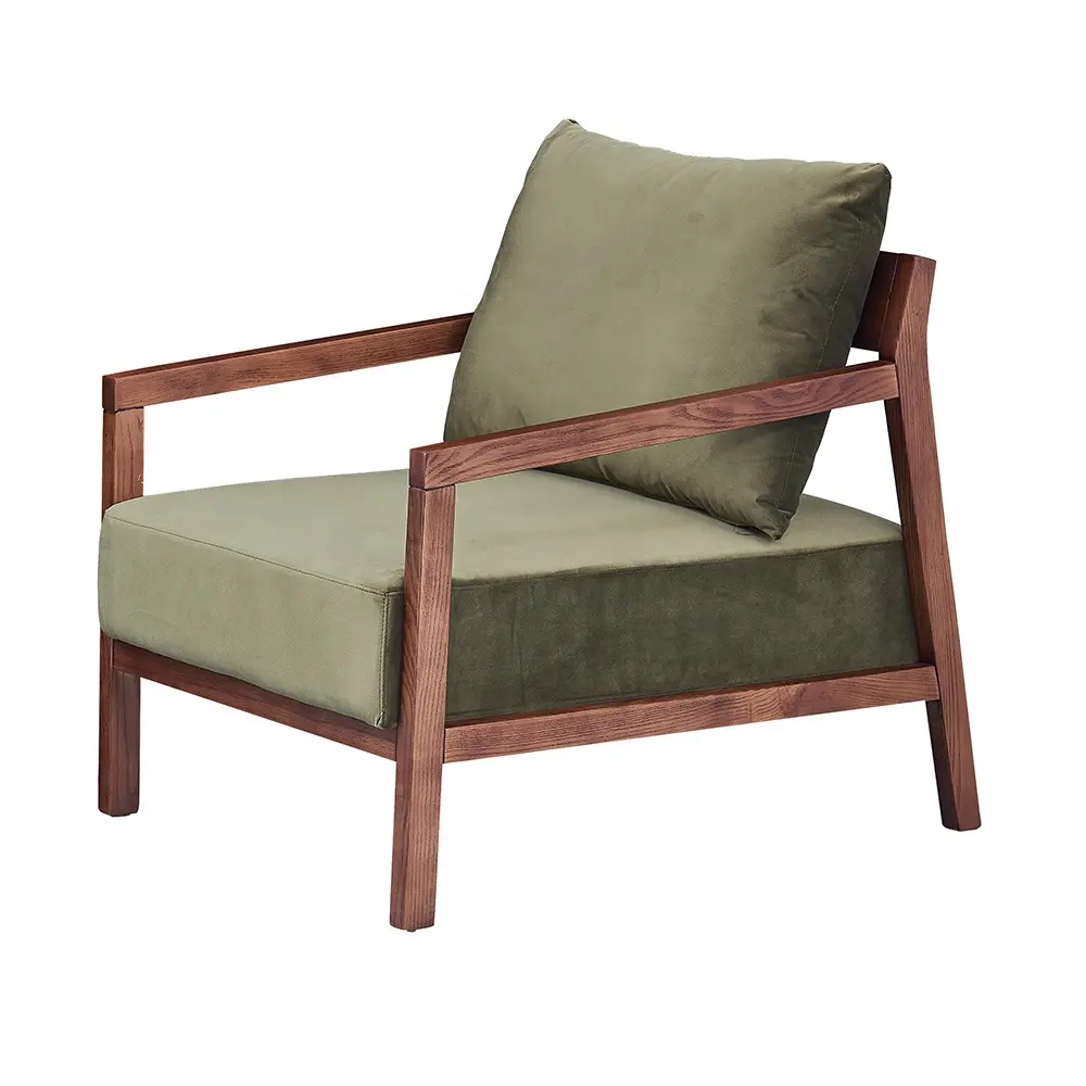 Salon mobilyası yeşil kadife kapak Sedie ahşap kol bekleme sandalyeleri tembel ceviz ahşap çerçeve Modern kanepe sandalye oturma odası