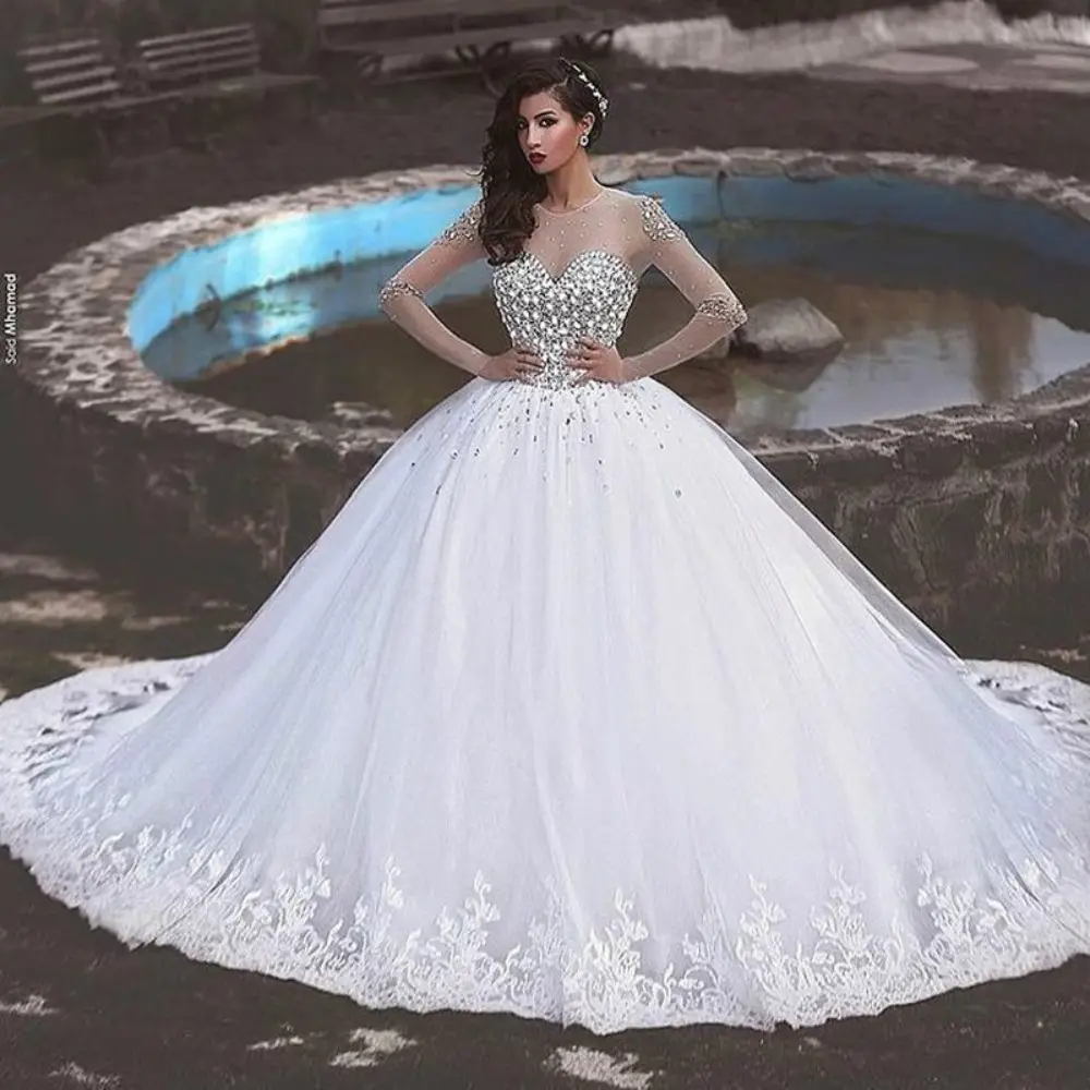 ON321 splendido sogno appliques di pizzo abito da ballo abito da sposa in rilievo scintillante cristallo maniche lunghe abito da sposa principessa