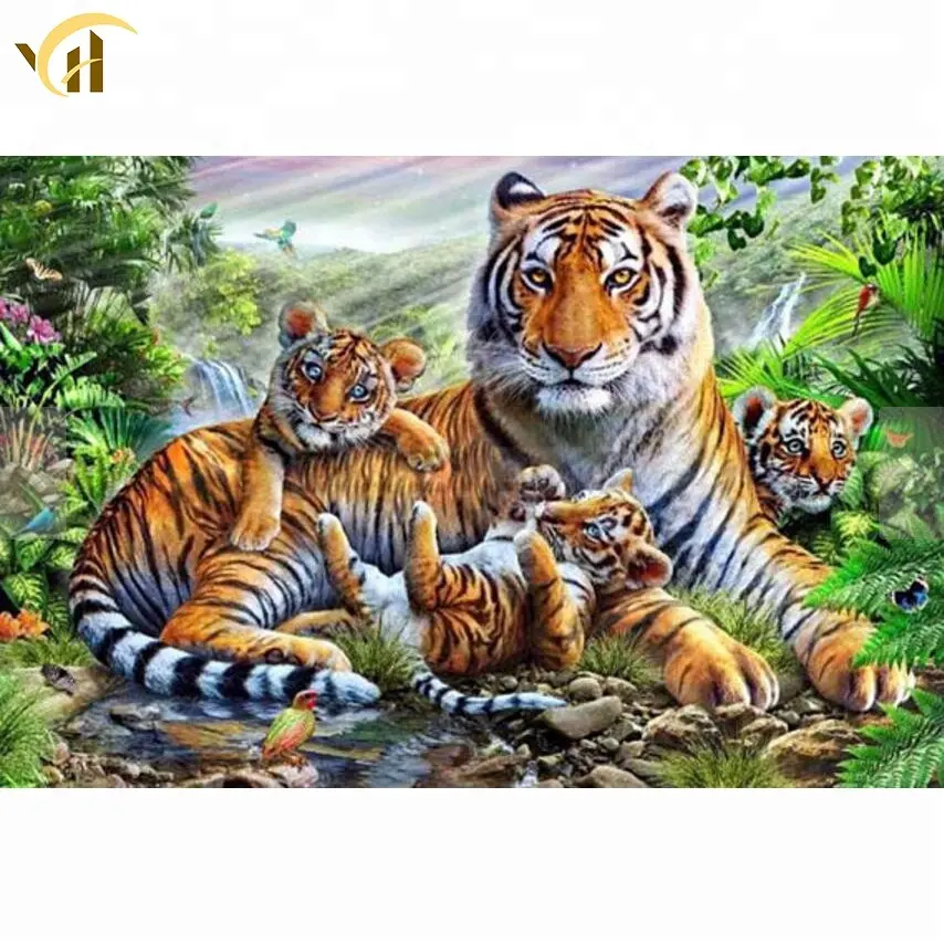 Yuhui diamant peinture fournisseur haute qualité tigre famille toile tenture murale bricolage 3d diamant peinture mur art