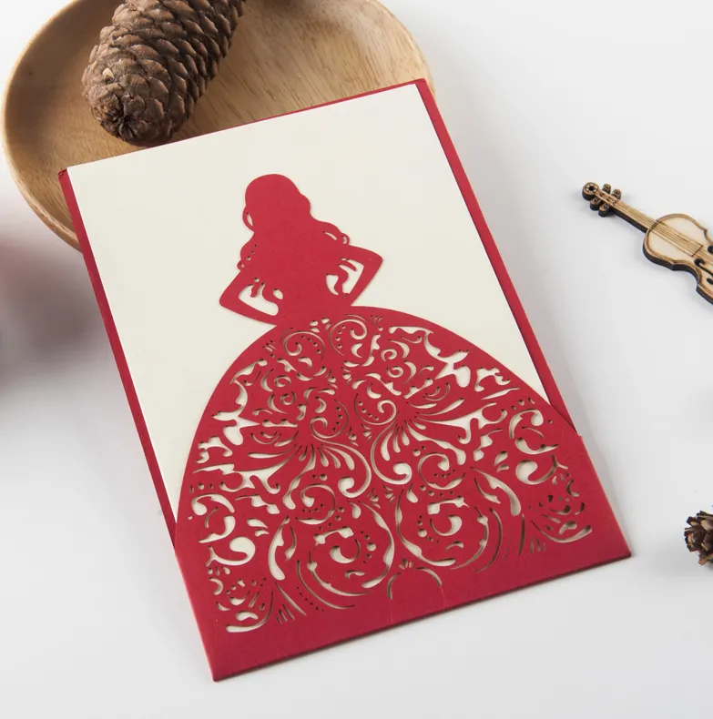 2021 newest red beautiful bride dress laser cut wedding card invitation