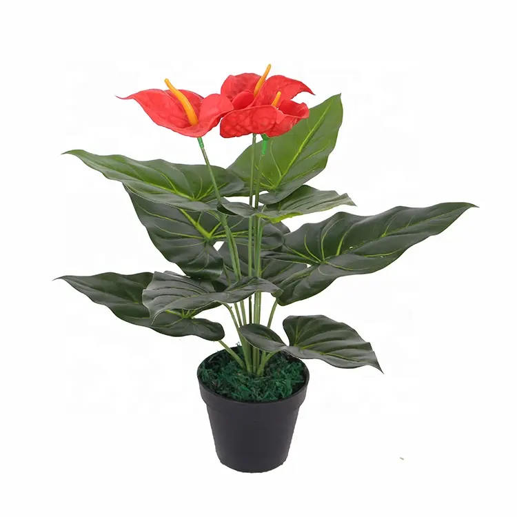 Fábrica de China, venta al por mayor, hojas verdes de flores rojas, 45cm de belleza, diseño simple, Planta artificial de interior