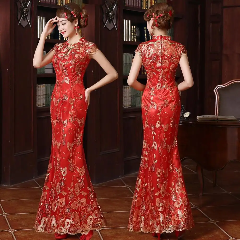2019 New Unique Slimming Sequin Embroidery Red Bridal Lace Mermaid Cheongsam Evening Dresses