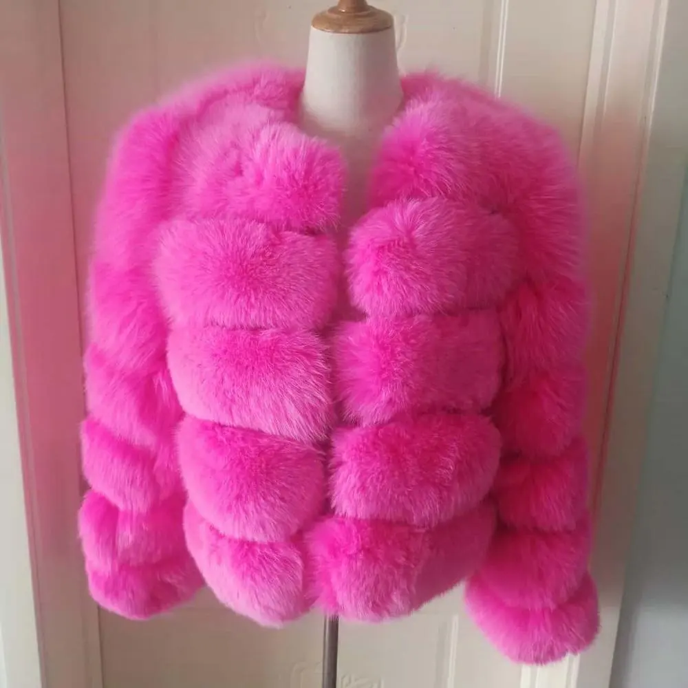 Abrigo de piel de zorro corto de 5 capas para mujer, color rosa, grueso, nuevo, 2018