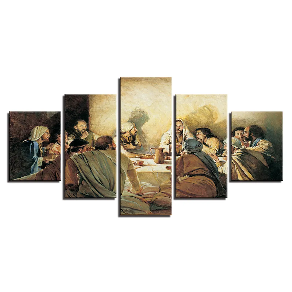 Póster de lienzo para decoración del hogar Marco de Arte de pared, 5 piezas, pinturas abstractas de Jesús, impresiones modulares en HD para sala de estar