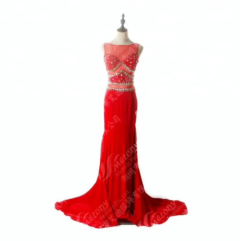 エレガントなビーズのマーメイドデザインパーティーウェア女性の赤い長いイブニングドレス