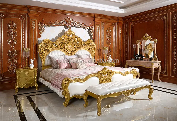 Royal Place Gold Leaf Finished Full Solid Wood Carving Bed, Arabic Golden Style Bedroom Furniture(MOQ=1 SET)