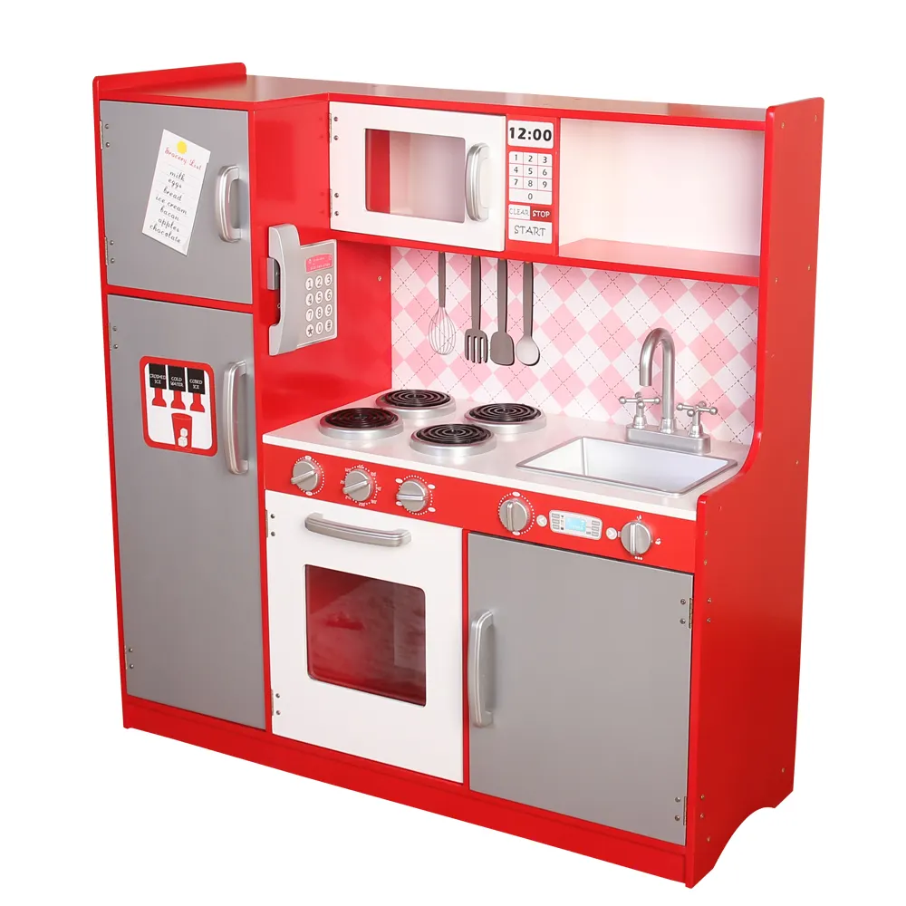 Rojo de juguete de madera de cocina con ABS accesorios de plástico fácil montaje de madera papel jugar juego de cocina