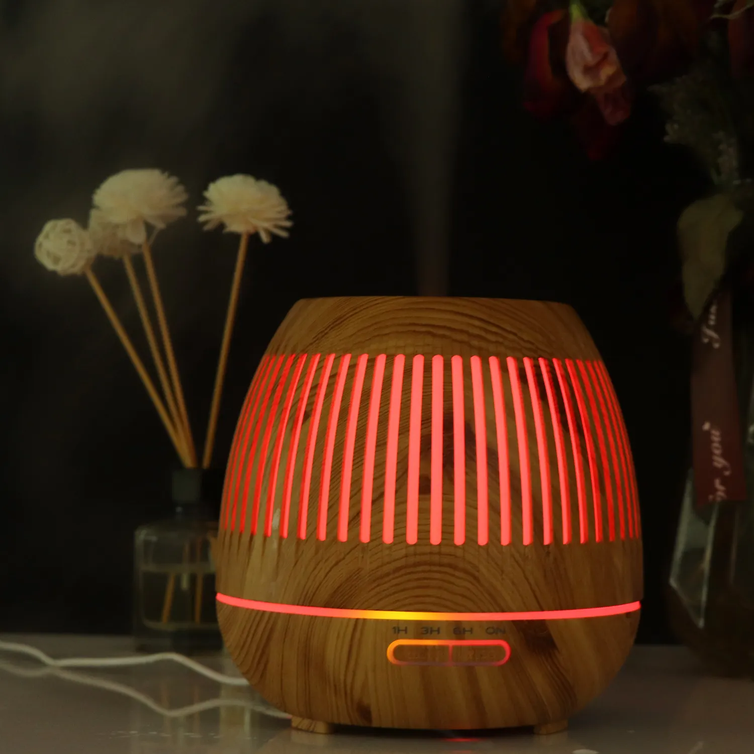 Difusor de Aroma de grano de madera, humidificador de niebla fría para habitación grande, en forma de linterna, gran capacidad, 400ml, con temporizador y luces LED