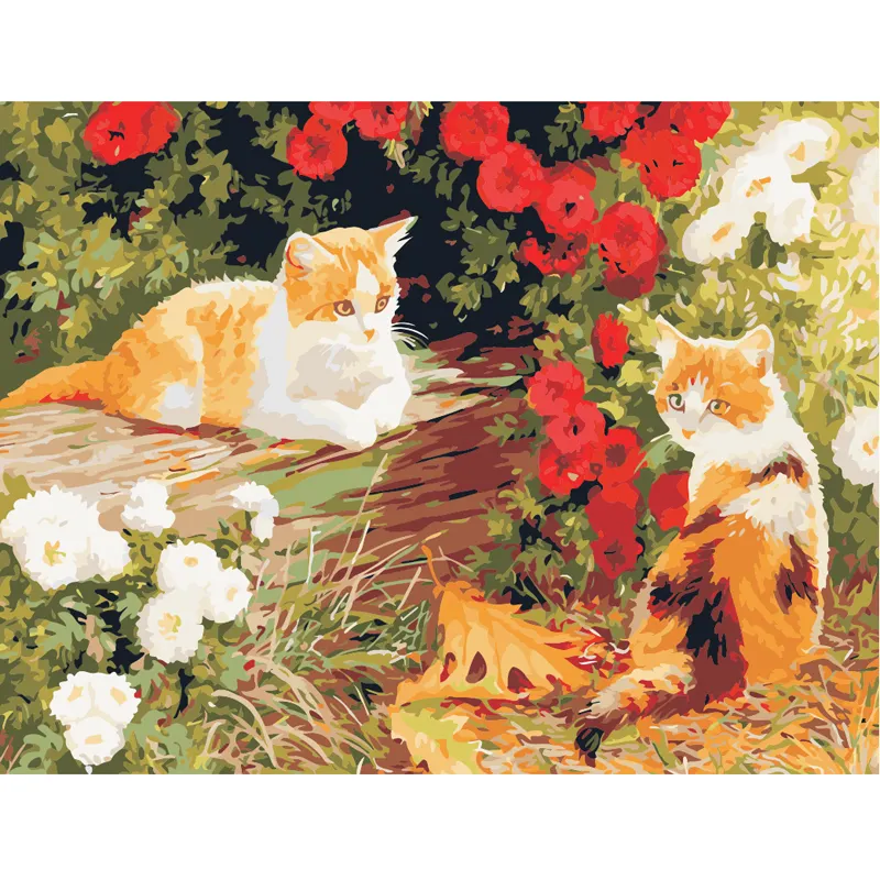 Pintura al óleo hecha a mano dos gatos en las flores pintura por número Kits pintura al óleo decoración del hogar figura cuadros de pared