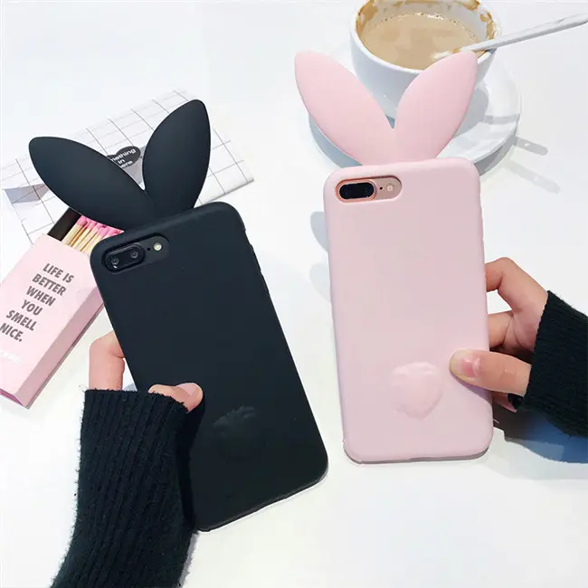 Coque 3D en silicone souple, rose et noir, étui avec oreilles de lapin, pour iPhone 7 /7plus, offre spéciale