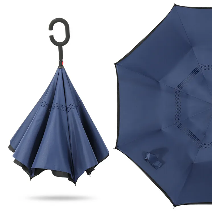 थोक कस्टम लोगो मुद्रित डबल कपड़े Windproof सी आकार संभाल उल्टा नीचे उल्टे रिवर्स बारिश छाता के लिए बिक्री