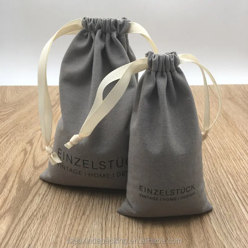 Custom Logo Printed Cotton Linen Gift Packaging Pouch Soft Cotton Fabric Drawstring Closure Packaging Bag