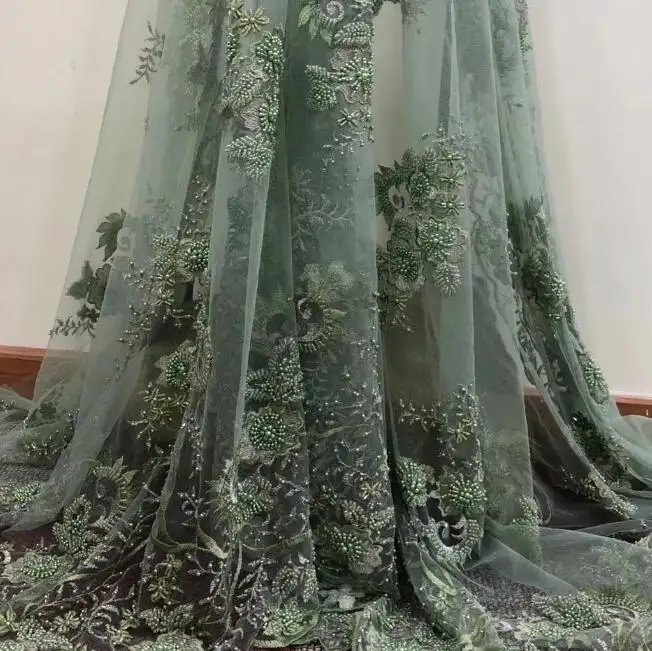 Verde scuro africano tessuti di pizzo in rilievo per il vestito da sposa