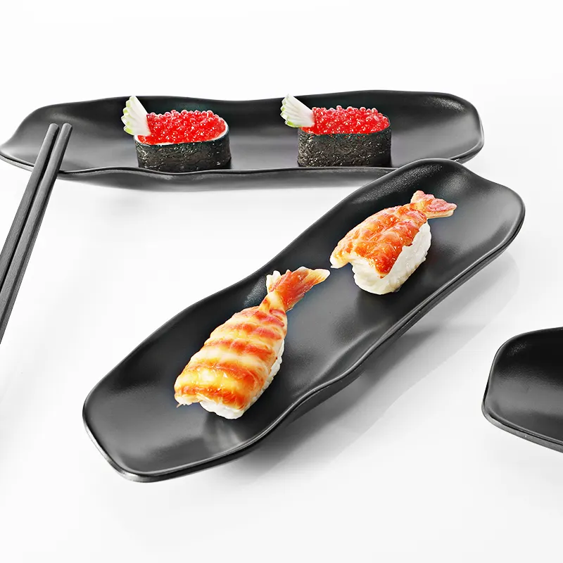 Platos de melamina para servir ensaladas, platos de Sushi Sashimi Tonkatsu Tempura de 10,35 "L X 3,34" W X 1,1 "H, estilo japonés ovalado negro