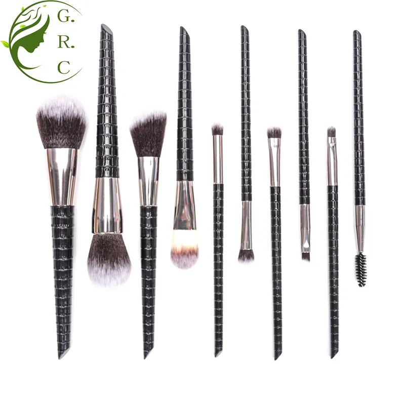 TS Professional black makeup brush set cosmetic private label plastic handle make up brush PU leather 10pcs make-up brush set