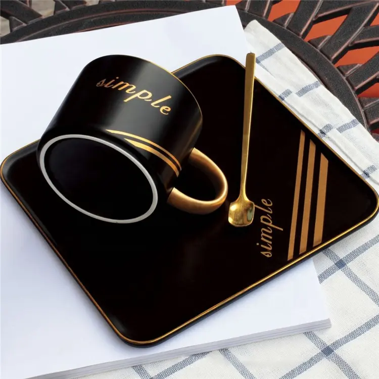 Tazas de café espresso de cerámica con borde dorado, con logotipo personalizado de estilo Simple, con placa cuadrada