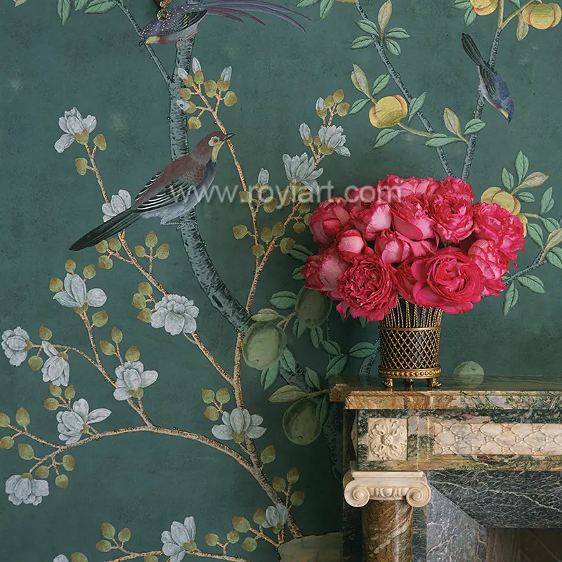 Lukisan tangan wallpaper sutra oleh ROYI ART bordir wallpaper chinoiserie sutra wallpaper