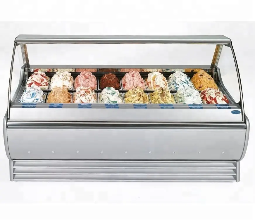 Comercial ice cream freezer exibição geladeira gelato italiano de vidro curvo