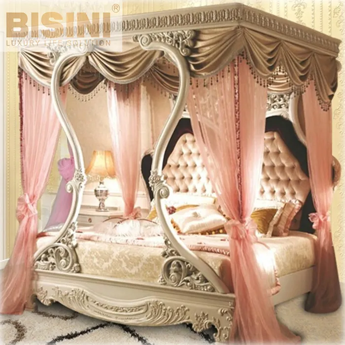 Mobiliário de luxo, cama clássica italiana, cama de princesa de madeira, cama de luxo com estofados