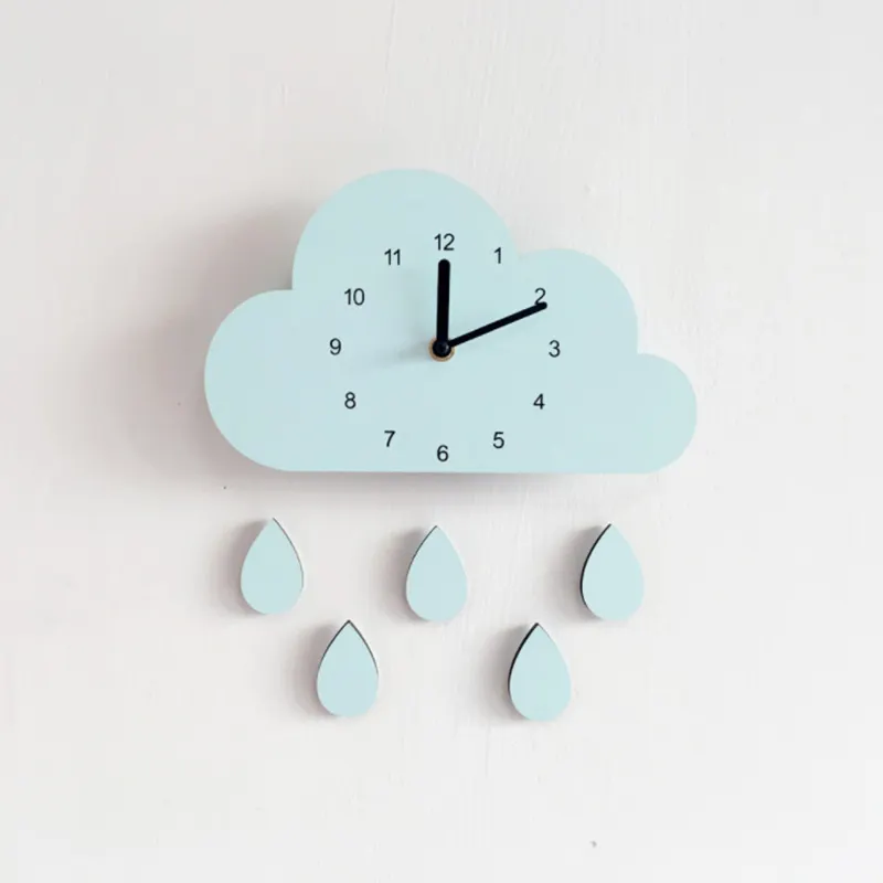 IG Decor Jam Dinding Kayu Nordic Anak-anak, Dekorasi Kamar Kartun Modeling Cloud Water Drop Senyap