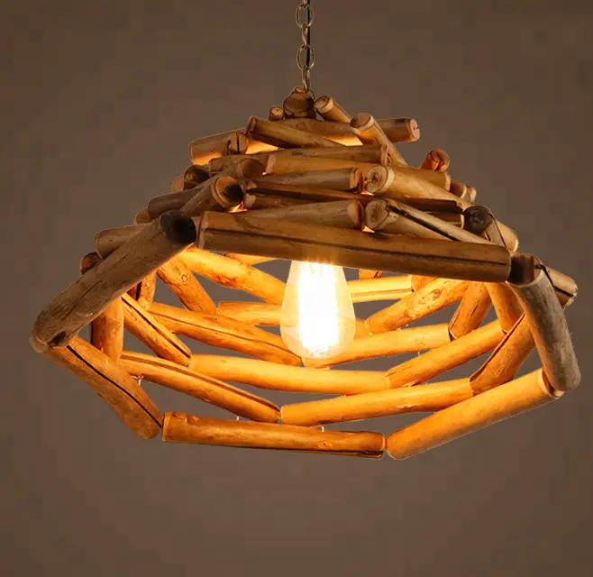 Forma de triángulo de bambú hecha a mano lámpara colgante iluminación interior decoración de madera antigua araña lámpara colgante