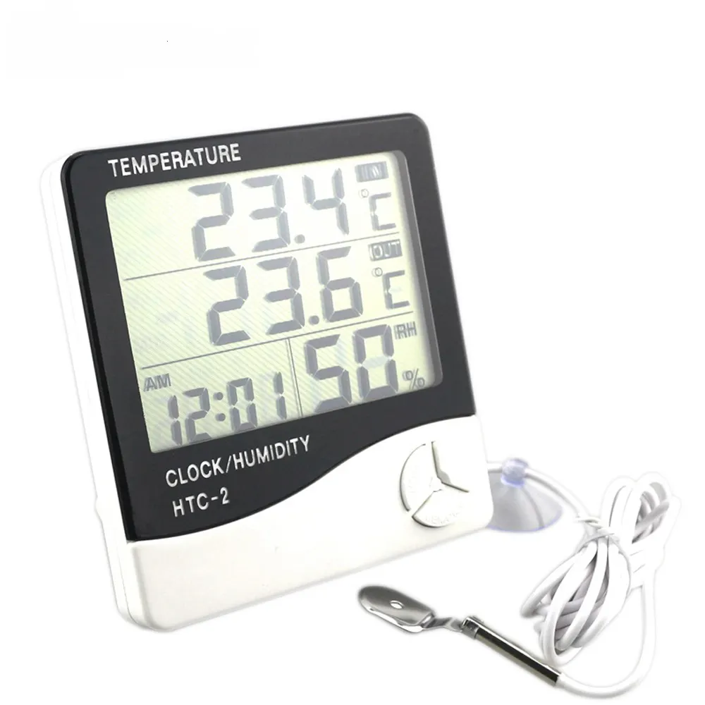 Termometer Digital Higrometer Elektronik LCD, Pengukur Temperatur Kelembapan, Stasiun Cuaca Dalam dan Luar Ruangan, HTC-2 Jam