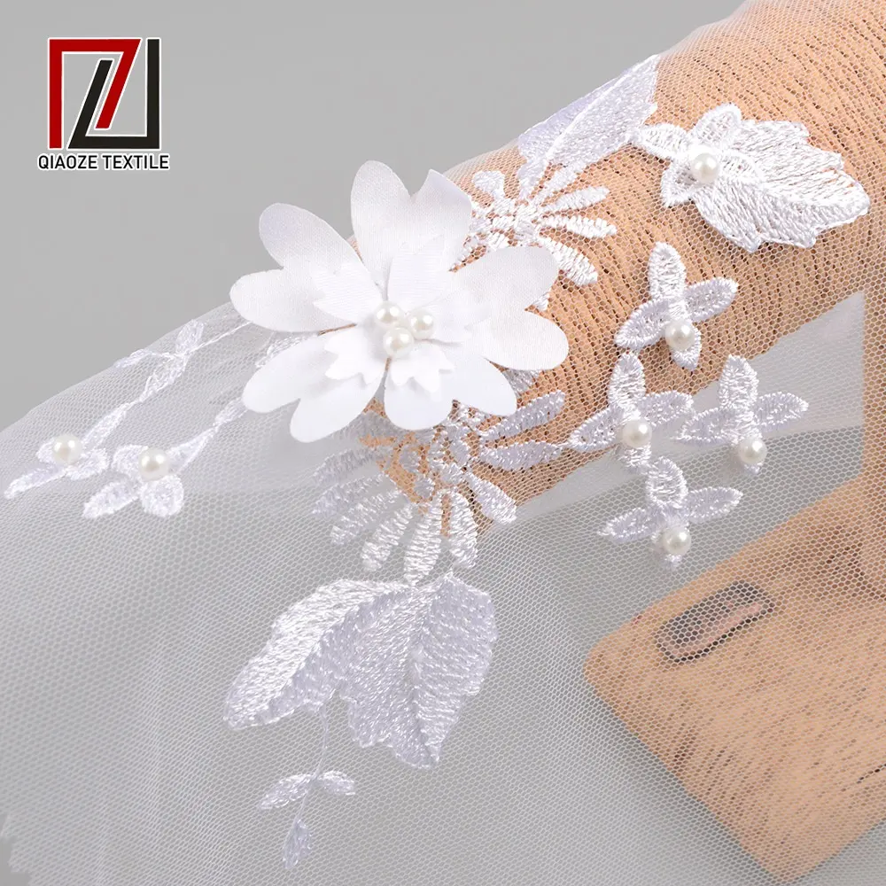 2019 nuovo design a buon mercato vestito 3d pizzo floreale bianco matrimonio perla ricamo tessuto di pizzo