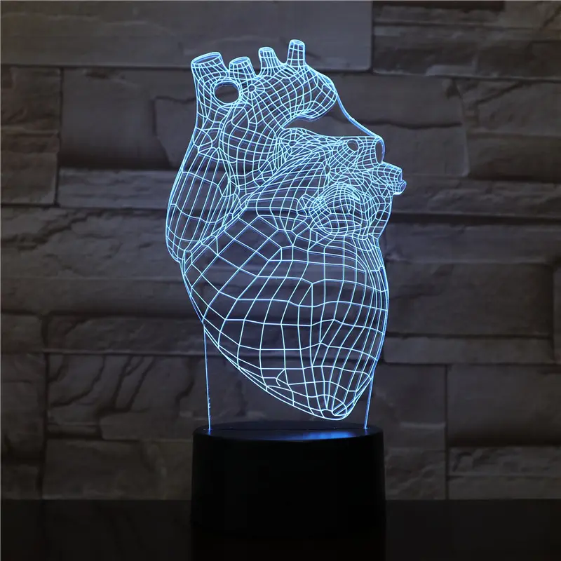 Casa decoración corazón acrílico 3d ilusión led de la lámpara de mesa con el interruptor del tacto de la base para el regalo de los niños de 3d led de luz de la noche