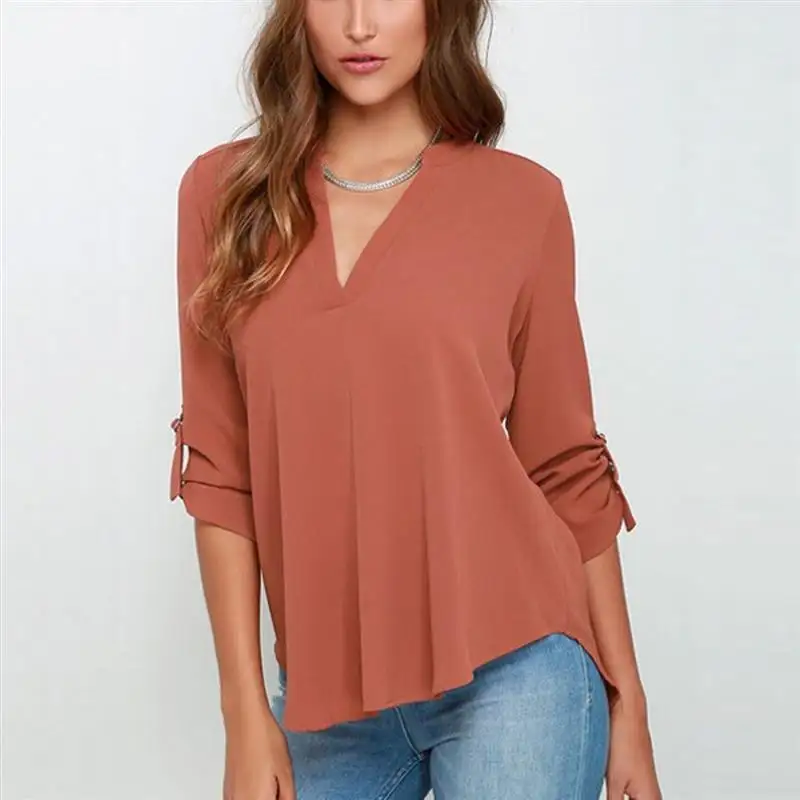 Blusa de chifón de manga larga de talla grande para mujer, Blusa con escote en V en 7 colores de fábrica China