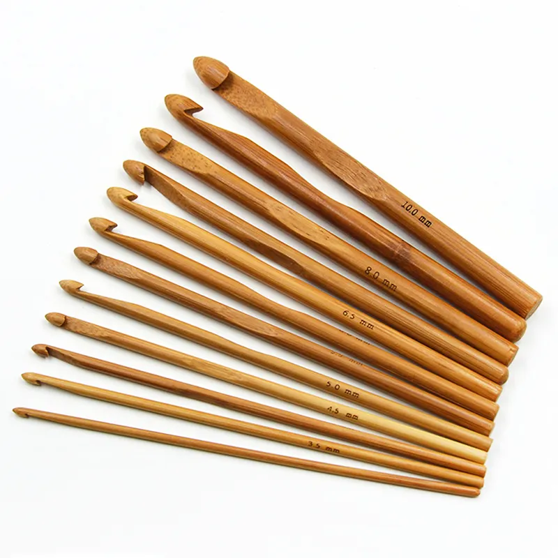 Venta al por mayor, 12 tamaños surtidos, agujas de tejer de bambú carbonizado, juego de ganchos de ganchillo de madera, gancho de ganchillo de Bambú