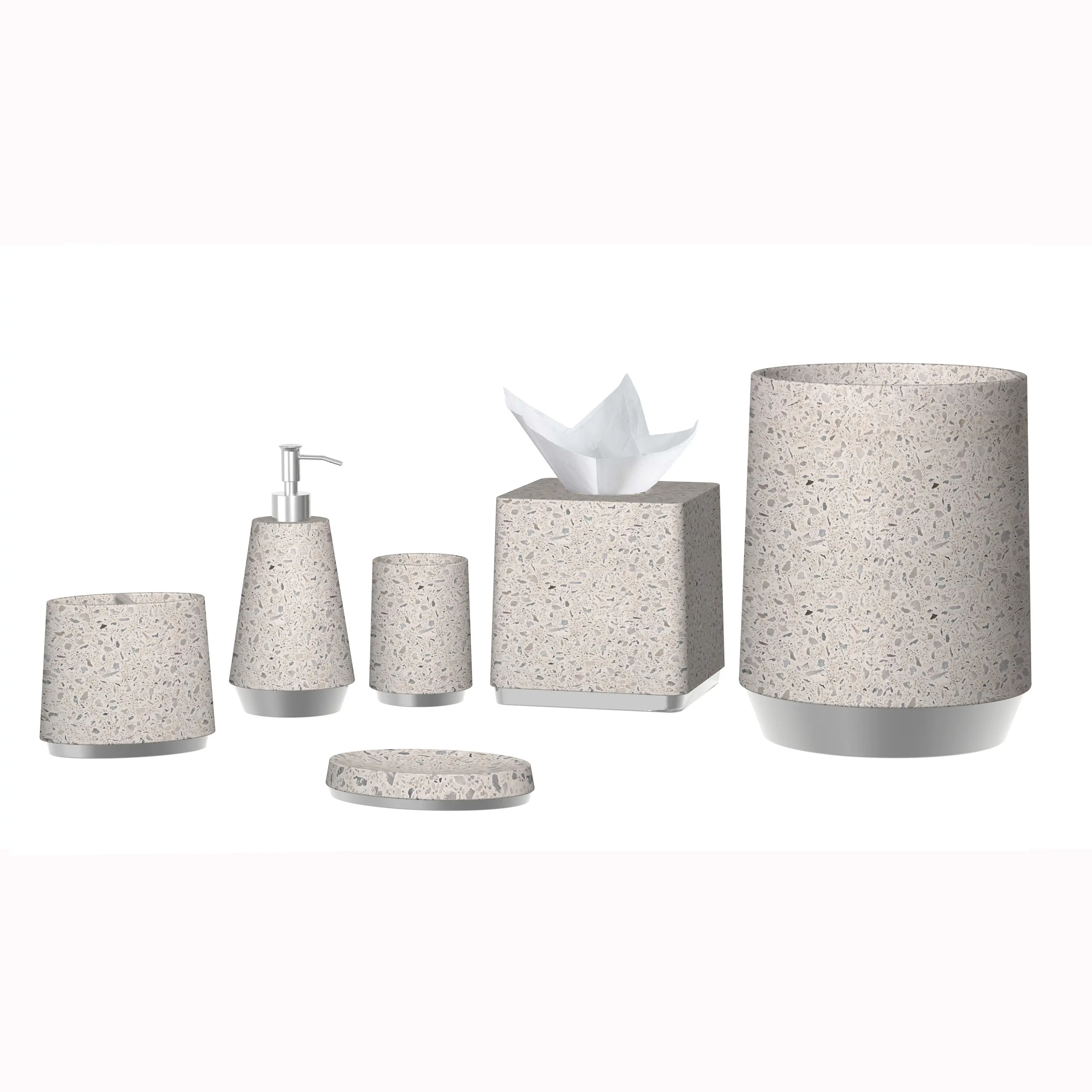 Design moderne Terrazzo Grès Base argent Ensemble d'accessoires de salle de bain en polyrésine Accessoires de toilette Ensemble d'accessoires de salle de bain