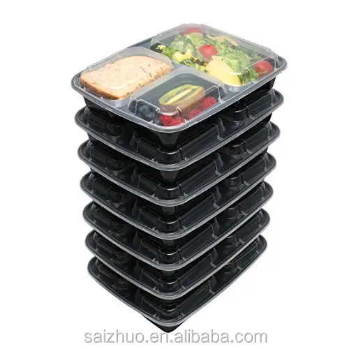 Recipiente plástico de refeição empilhável, 3 compartimentos, microondas, seguro, recipiente de comida