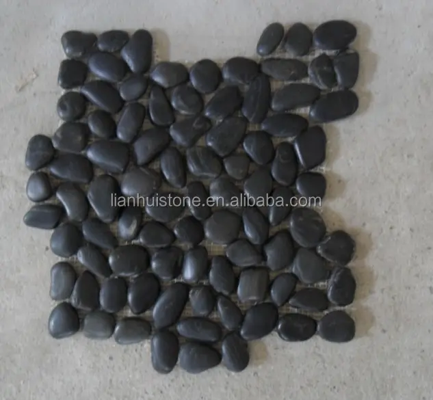 Syc013 telha mosaico de pedra pebble, polida plana-lavada redonda preta com malha-costas