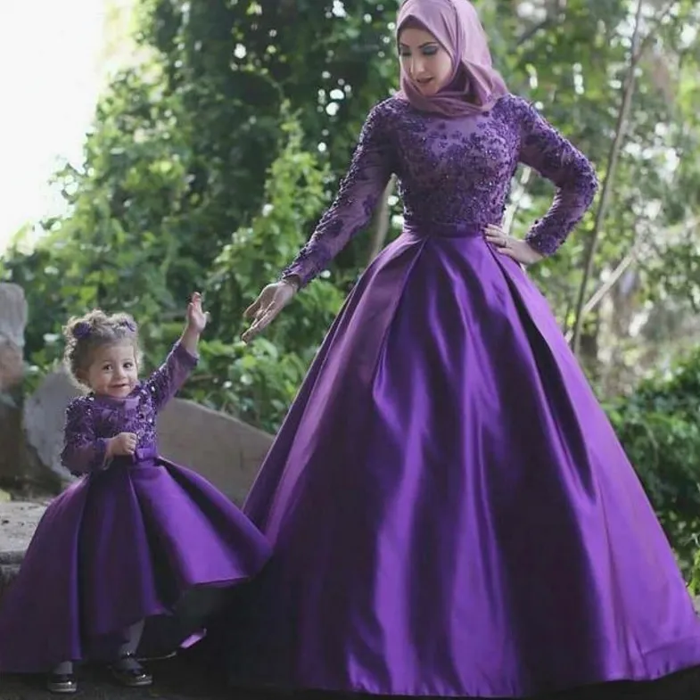 Vestido de casamento roxo músculo, mãe e filha, mangas compridas, árabe, vestido de noiva indiana