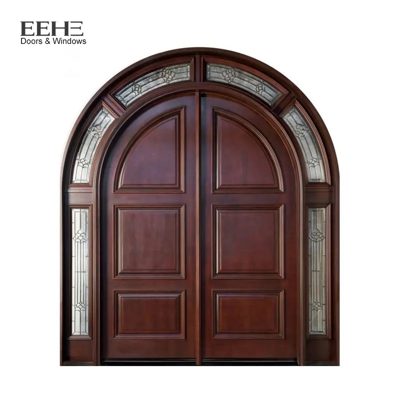Forma de arco de puerta de entrada principal diseño puertas de madera maciza con chapa
