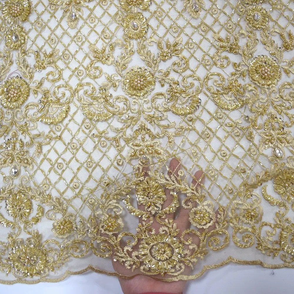Nozze d'oro tessuto di pizzo pesante fatti a mano di perline pizzo con perle di cristallo di tulle tessuto HY0937-2