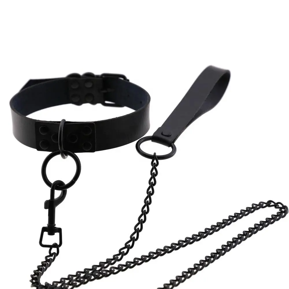 Mujer hombre negro oscuro Punk viento gótico Sexy remache alternativa metal esclavo PU cuero Collar cuerda de tracción, BDSM Bondage Collar