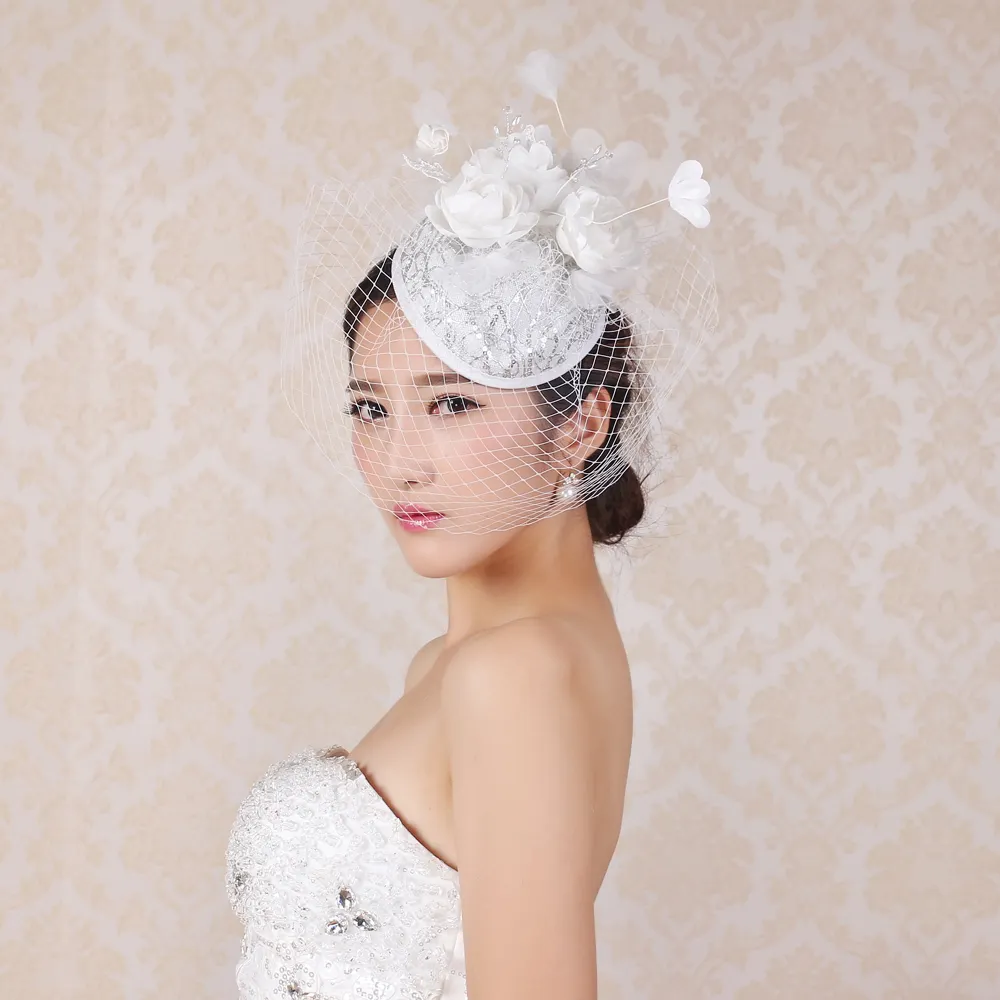 244HC kadın fantezi fascinator elbise şapka gelin headdress gelin çiçek dekoratif beyaz düğün şapkalar