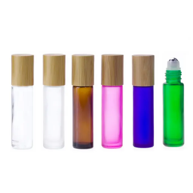 Hengjian-botella de rodillo de vidrio para perfume, botella de vidrio con tapa de bambú real, rosa, ámbar, azul, verde claro, 10ml