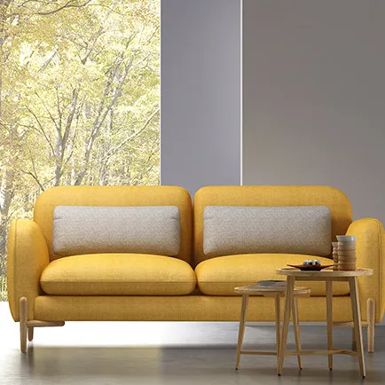 घर लकड़ी के फर्नीचर आधुनिक पीला 2 सीटर लकड़ी पैरों के साथ कपड़े सोफा सेट