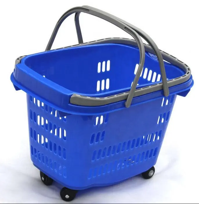 Panier de supermarché en plastique, à roulettes, bleu, 1 pièce