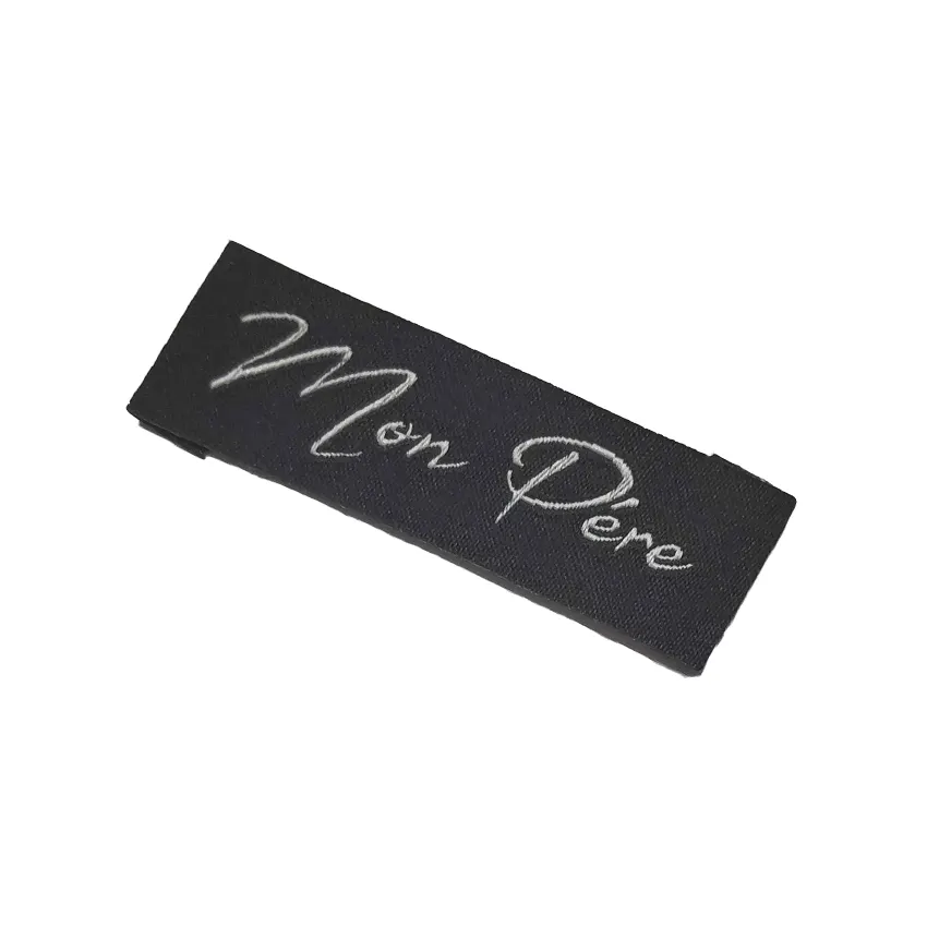 low MOQ High density black logo size shown washable woven label end fold for clothing