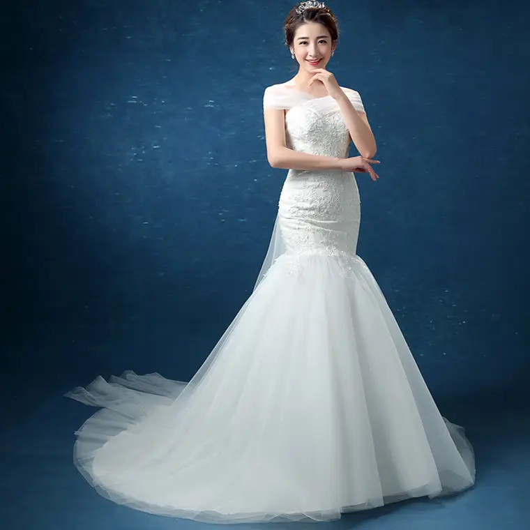 새로운 도착 우아한 한국 스타일 어깨 레이스 물고기 꼬리 신부 웨딩 드레스/가운