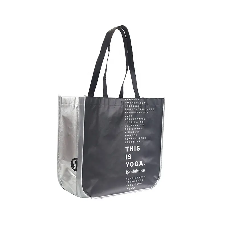 Curved Corners Durable eco friendly large waterproof Lulu lemon PP laminated non woven tote shop bag with button closure